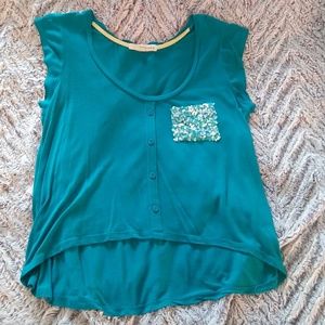 Teal Blouse with Sequin Pocket